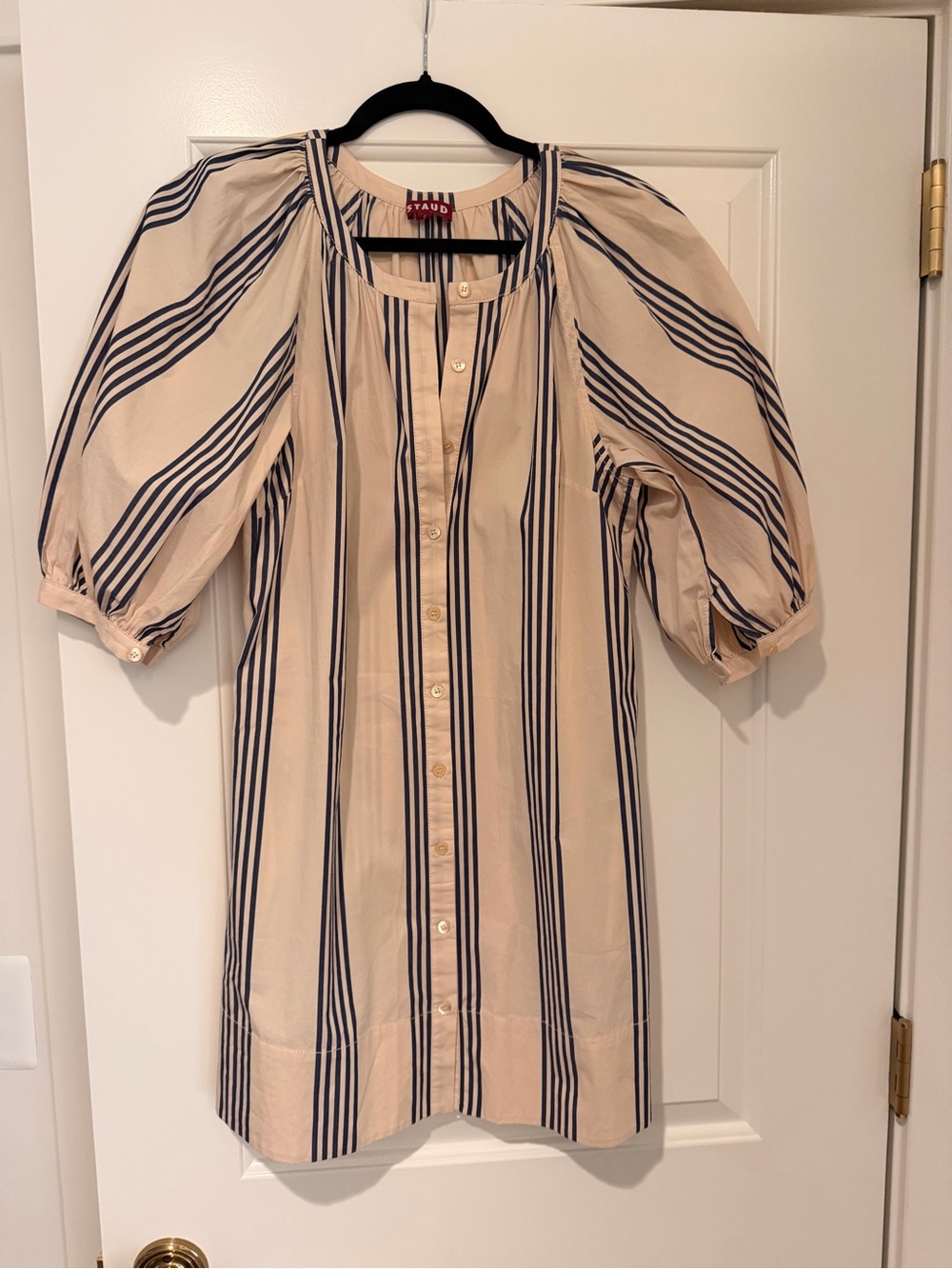 STAUD Beige and Navy Striped Puff-Sleeve Mini Dress